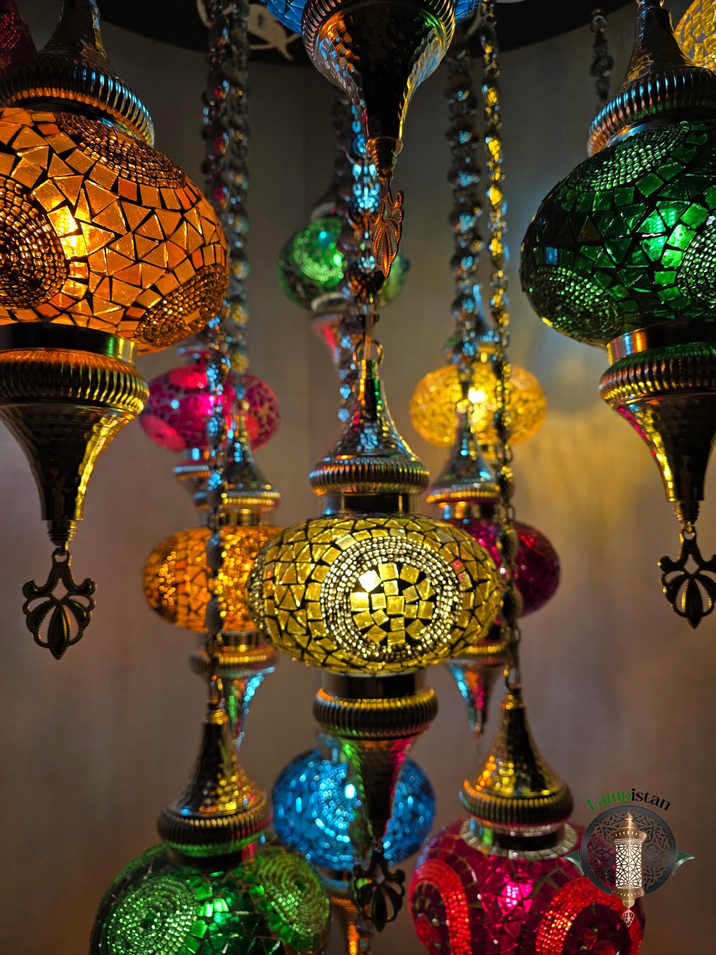 Vintage Turkish Mosaic Glass Chandelier - Handcrafted Mediterranean Hanging Lamp