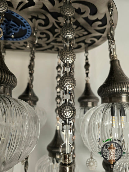 Çift Renkli Bombeli Pyrex Camlı Zarif Oval Avize - Şeffaf ve Antik Nikel Sarkıt Lamba