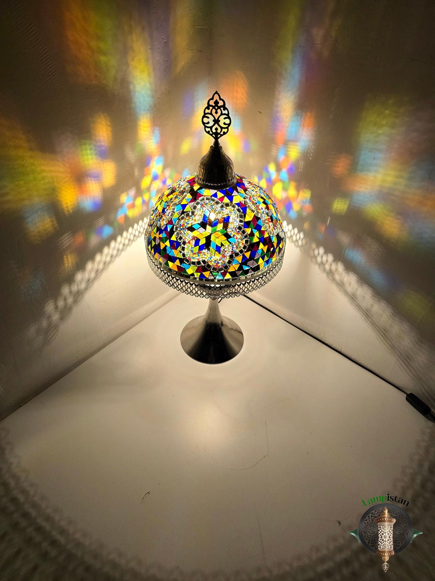 Handmade Tiffany Style Table Lamp, Colorful Mosaic Glass, Bohemian Ottoman Decor