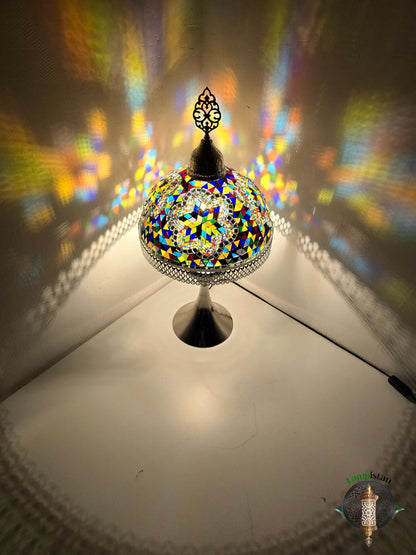 Handmade Tiffany Style Table Lamp, Colorful Mosaic Glass, Bohemian Ottoman Decor