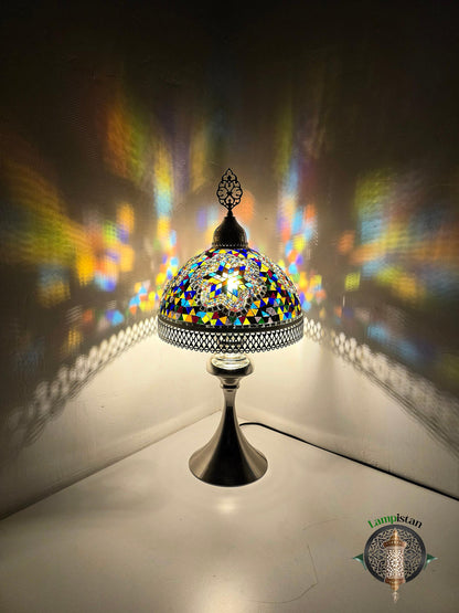 Handmade Tiffany Style Table Lamp, Colorful Mosaic Glass, Bohemian Ottoman Decor