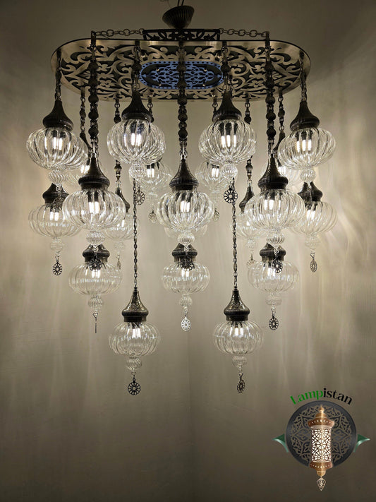 Elegant Oval Chandelier with Double-Color Domed Pyrex Glass - Transparent & Antique Nickel Pendant Light