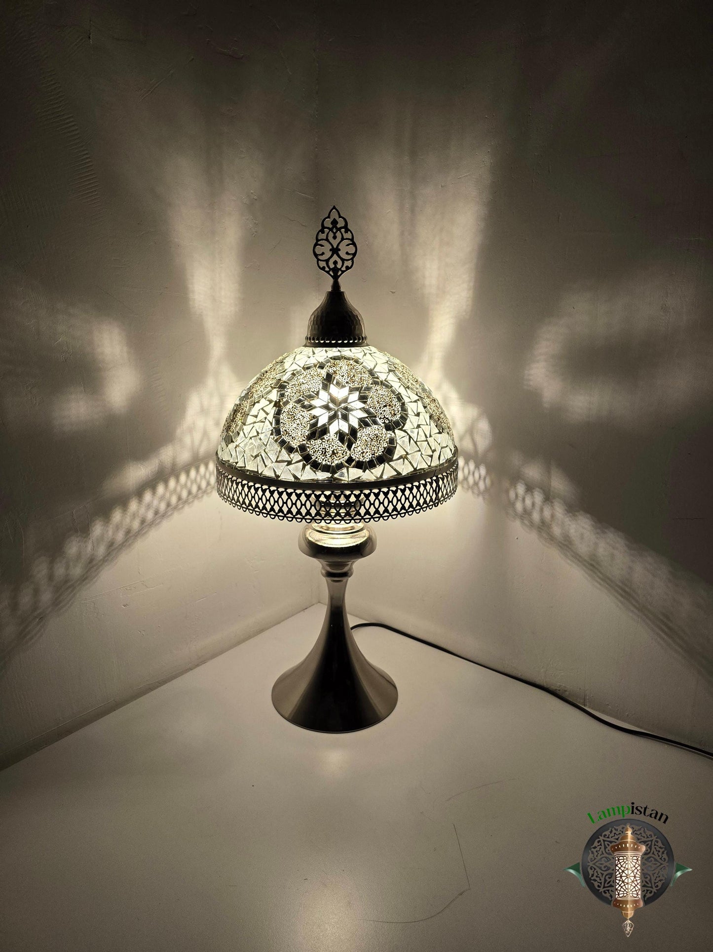 Handmade Tiffany Style Table Lamp, Colorful Mosaic Glass, Bohemian Ottoman Decor
