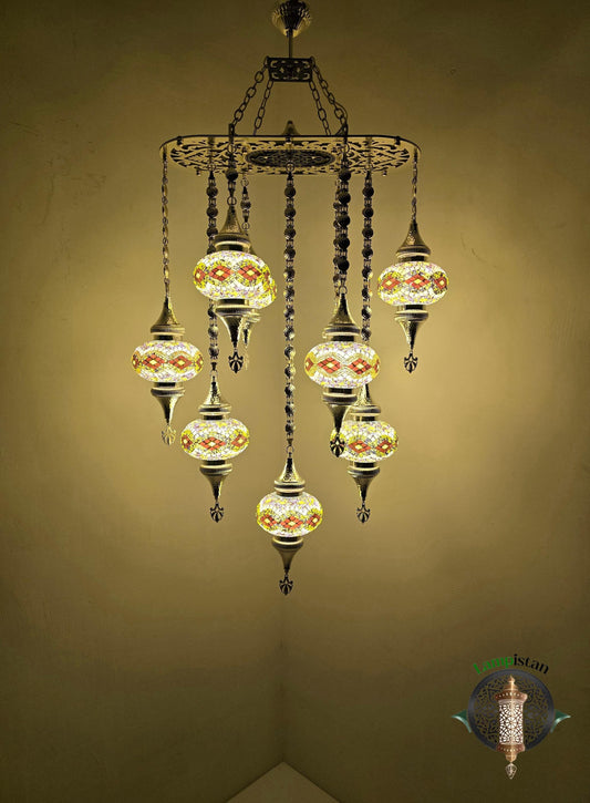 Handmade Turkish Mosaic Chandelier: 9-Light Bohemian Pendant Lamp