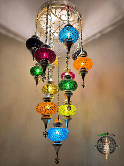 El Yapımı Türk Mozaik Avize: 13 Globe Sarkıt Lamba