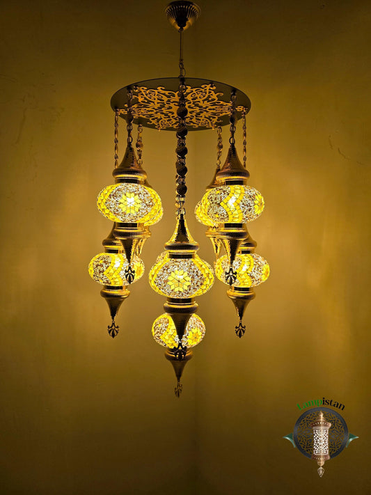 Handcrafted Turkish Mosaic Glass Chandelier: Bohemian 9-Globe Lighting