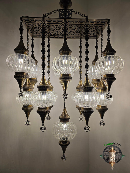 Rectangular Pyrex Glass Chandelier: Bronze Finish, Handmade Chain