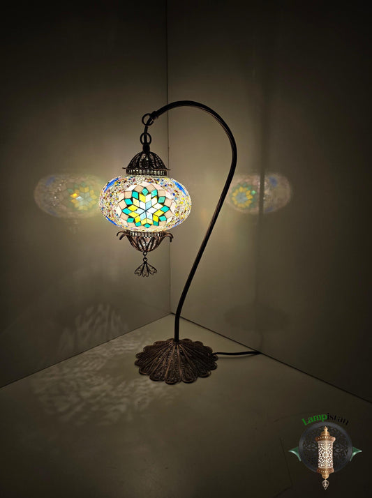 Elegant Turkish Mosaic Glass Swan Neck Lamp with Filigree Design in Copper Hue