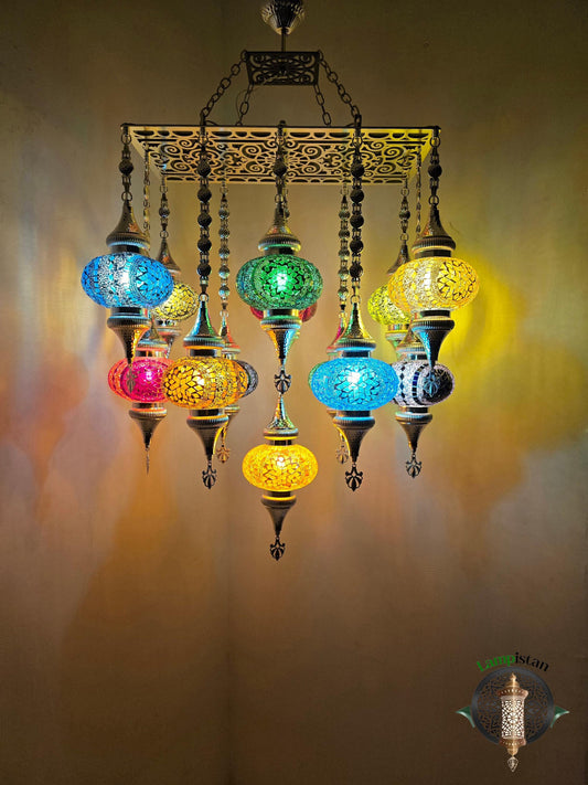Handcrafted Turkish Mosaic Chandelier: 13-Light Colorful Glass Lamp