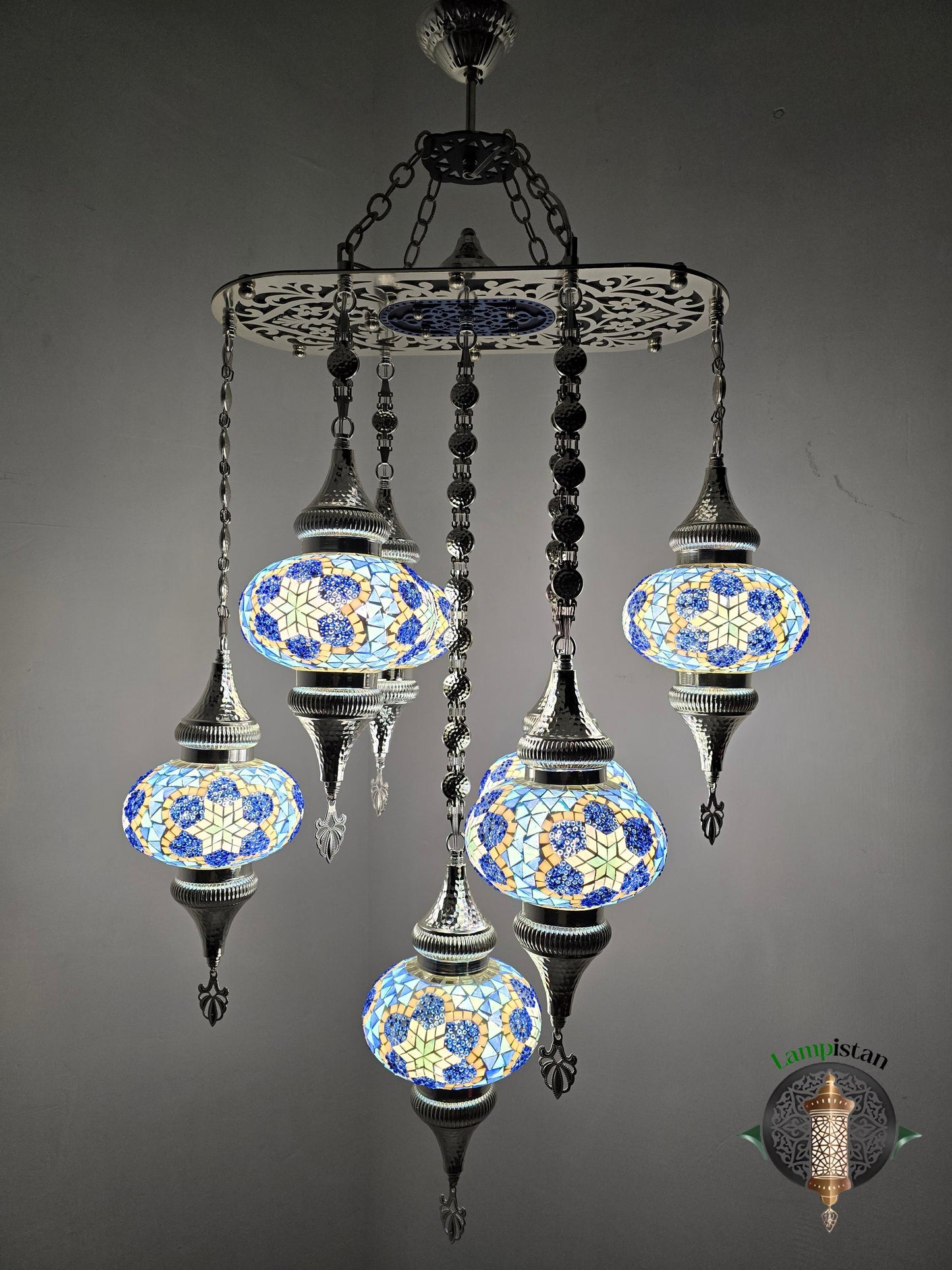 El Yapımı Türk Mozaik Avize: 7 Top Sarkıt Lamba