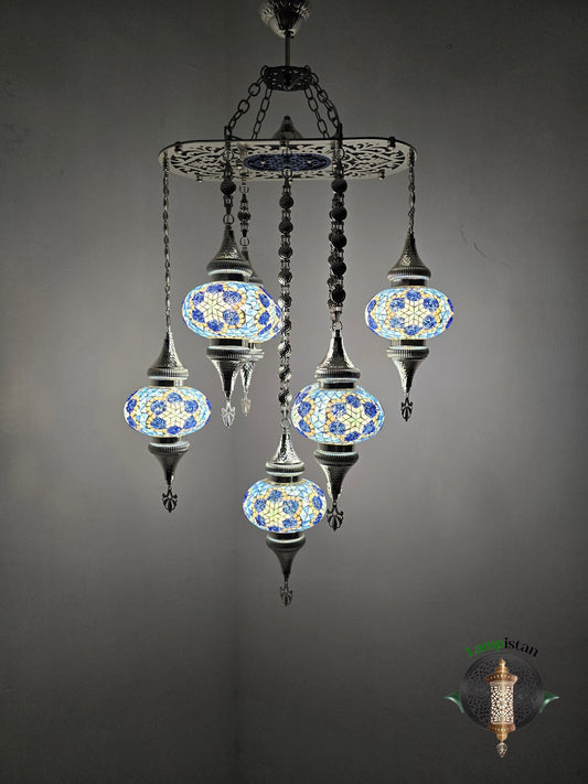 Handcrafted Turkish Mosaic Chandelier: 7 Globe Pendant Light