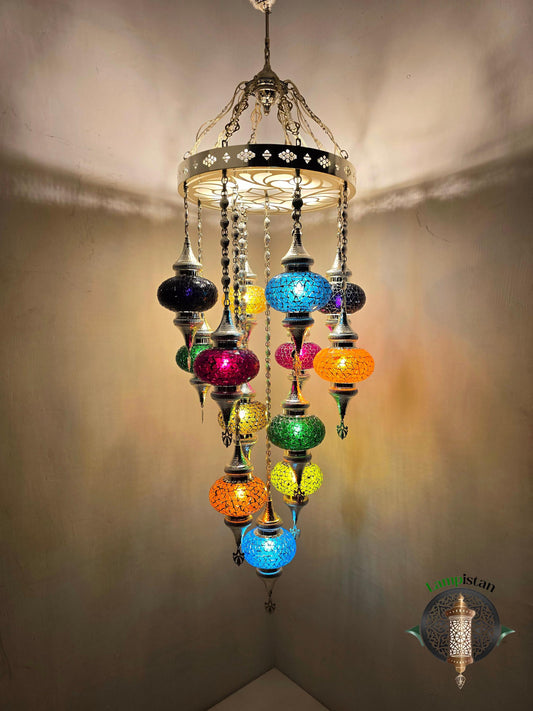 Handcrafted Turkish Mosaic Chandelier: 13 Globe Hanging Lamp