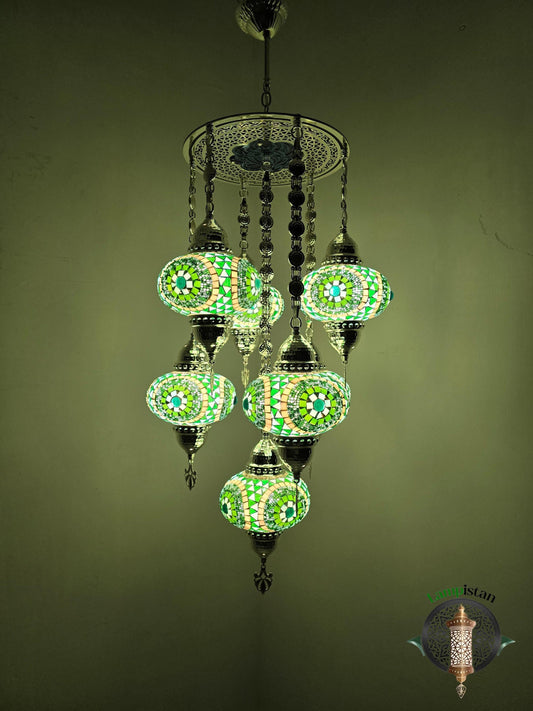 Handcrafted Turkish Mosaic Chandelier: 7 Globe Ceiling Light
