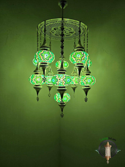 Handcrafted Turkish Mosaic Chandelier: 11-Light Silver Rumi Pendant Lamp