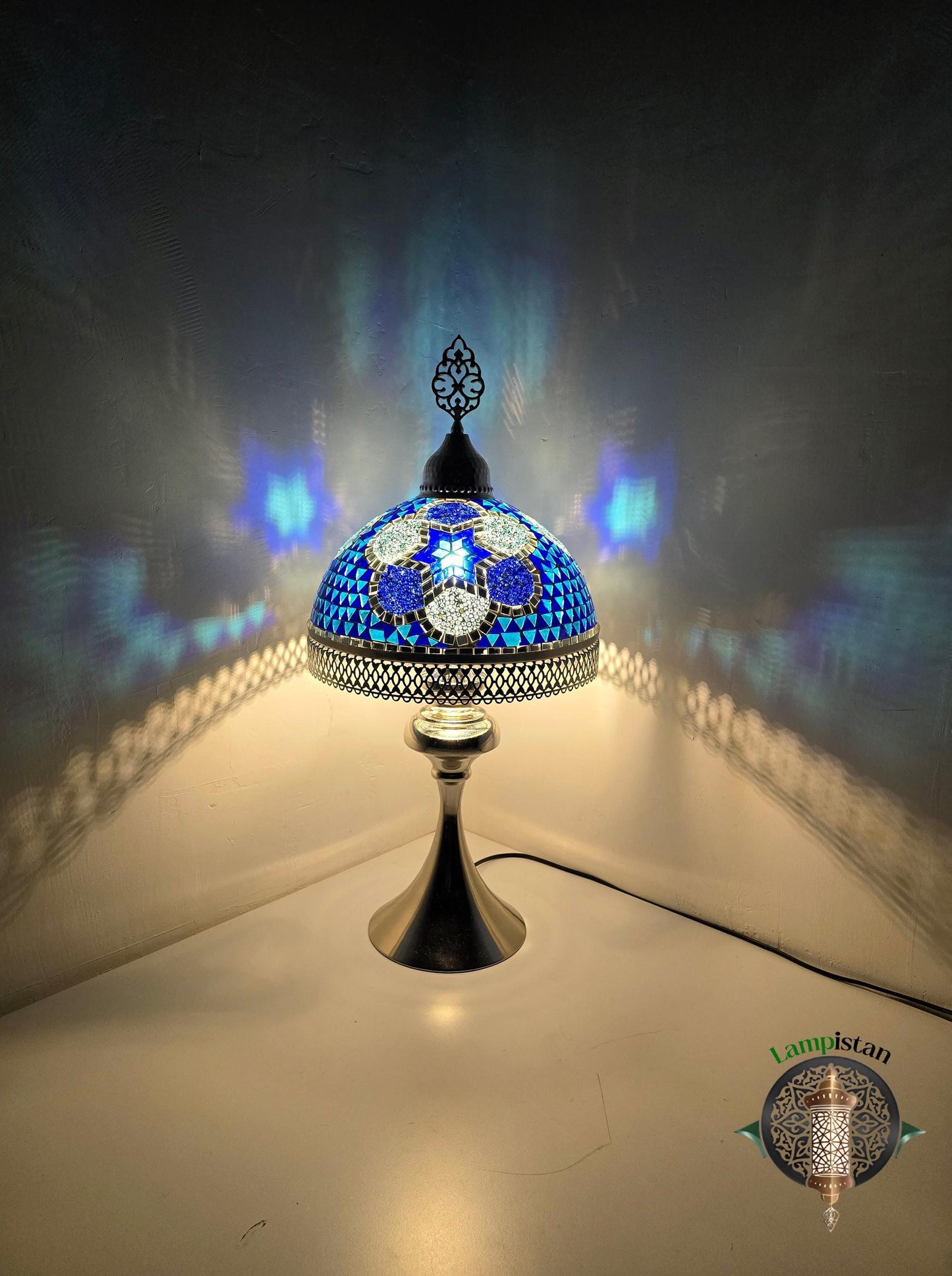Handmade Tiffany Style Table Lamp, Colorful Mosaic Glass, Bohemian Ottoman Decor