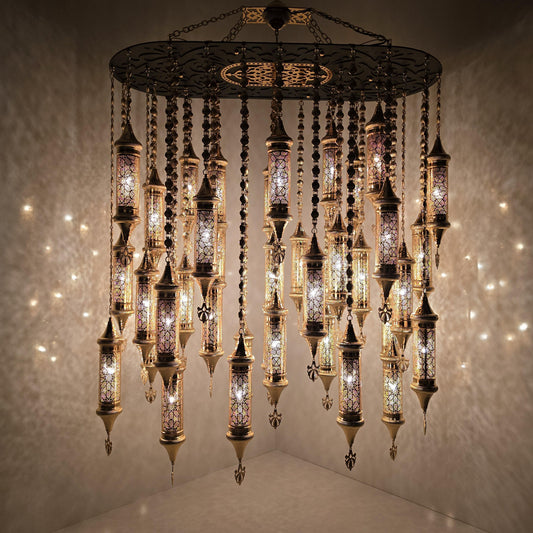 Authentic Moroccan Glass Handmade Hanging Chandelier Light Fixture for Traditional and Cozy Interiors
