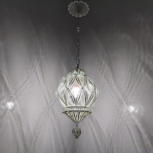 Elegant Silver-Toned Blown Glass Pendant Lamp, Handcrafted for Unique and Sophisticated Lighting Solutions
