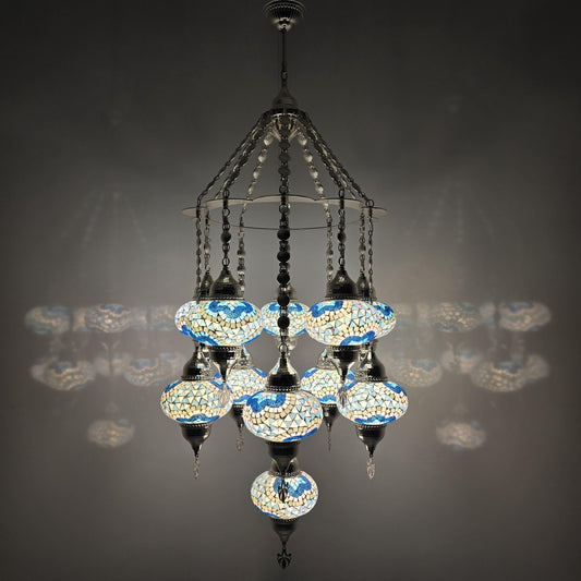 Silver Turkish Mosaic Chandelier: Handmade Boho Glass Ceiling Light