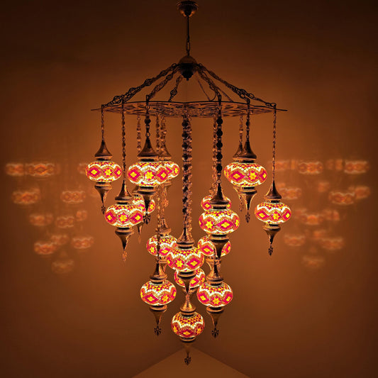 Gold Mosaic Chandelier: Turkish Handmade Hanging Lamp, Boho Home Decor