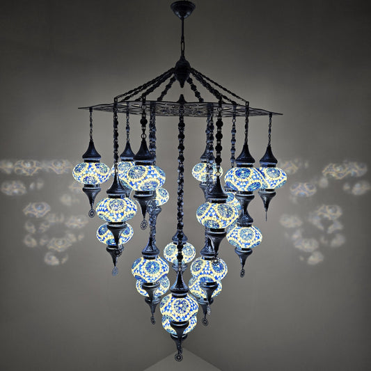 Blue Mosaic Chandelier: Turkish Handmade 19-Globe Boho Pendant Light